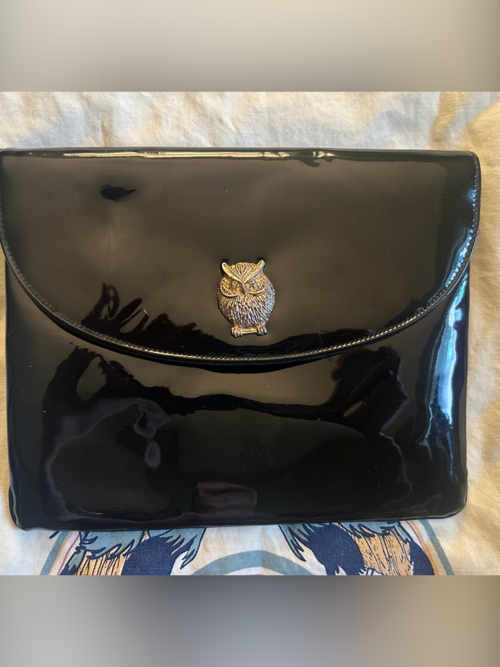 Vintage Miss Lewis Black Patent Envelope Clutch with Gold Owl Emblem